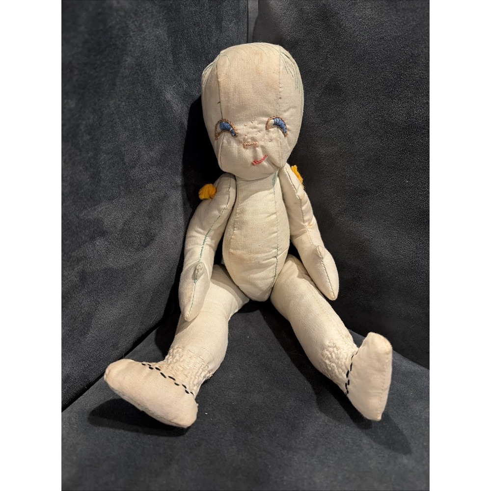 Vintage Rag Cloth Doll 11" Tall Blue Eyes Soft Body Fabric